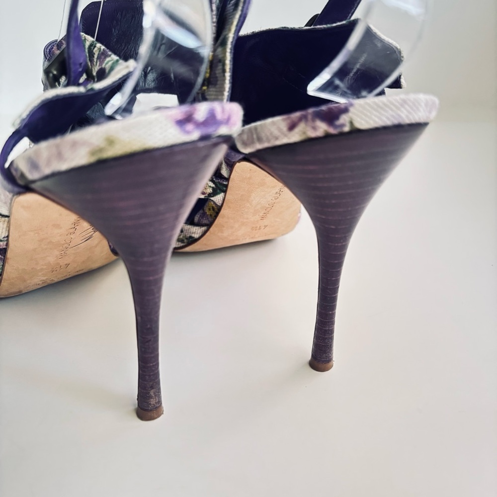 Manolo Blahnik Floral Cotton Slingback Purple Heels Sandals Shoe Size 11.5 - Picture 12 of 15